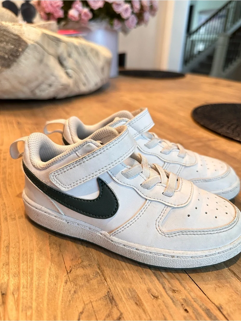 Nike Kids White Sneakers with Dark Green Swoosh